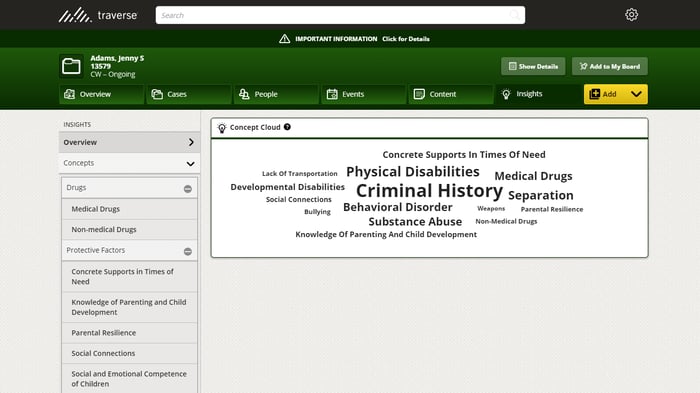 Traverse shows major concepts in a case related to drugs, risk factors, protective factors